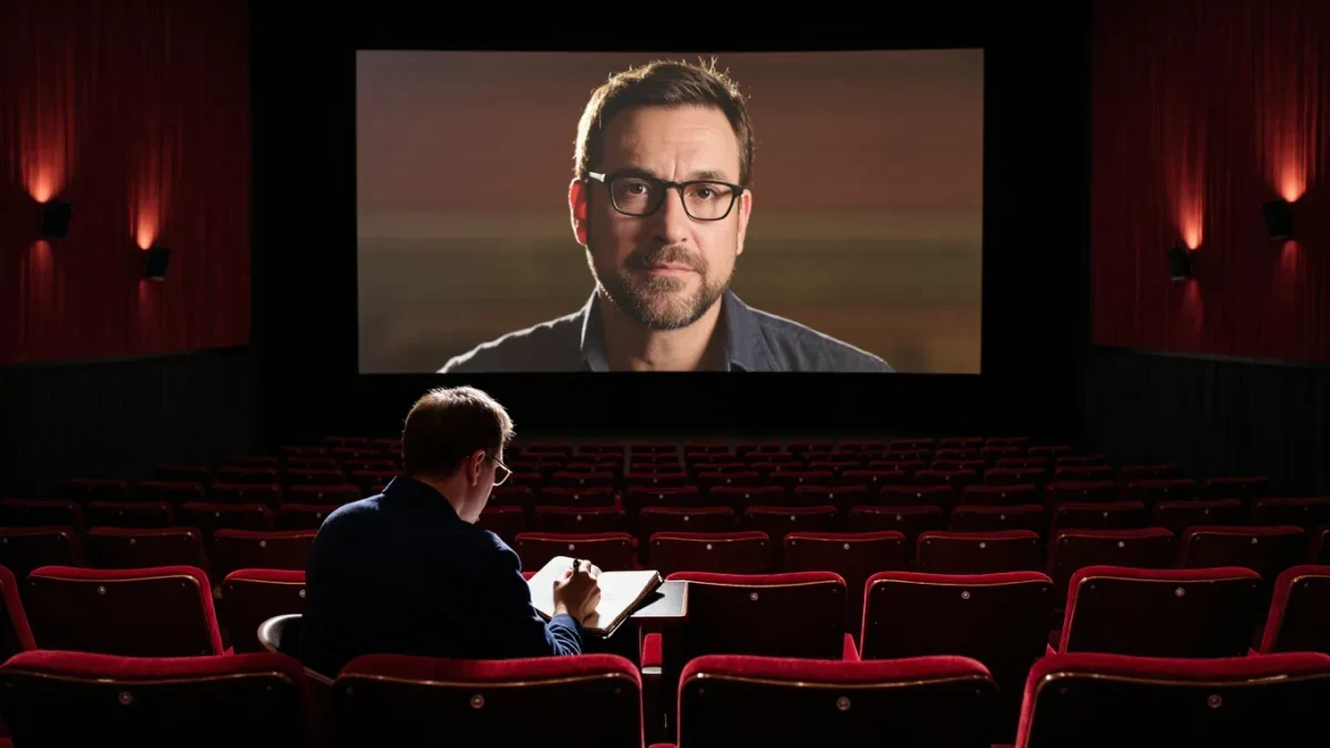 Writer with notebook taking notes during a dark film screening