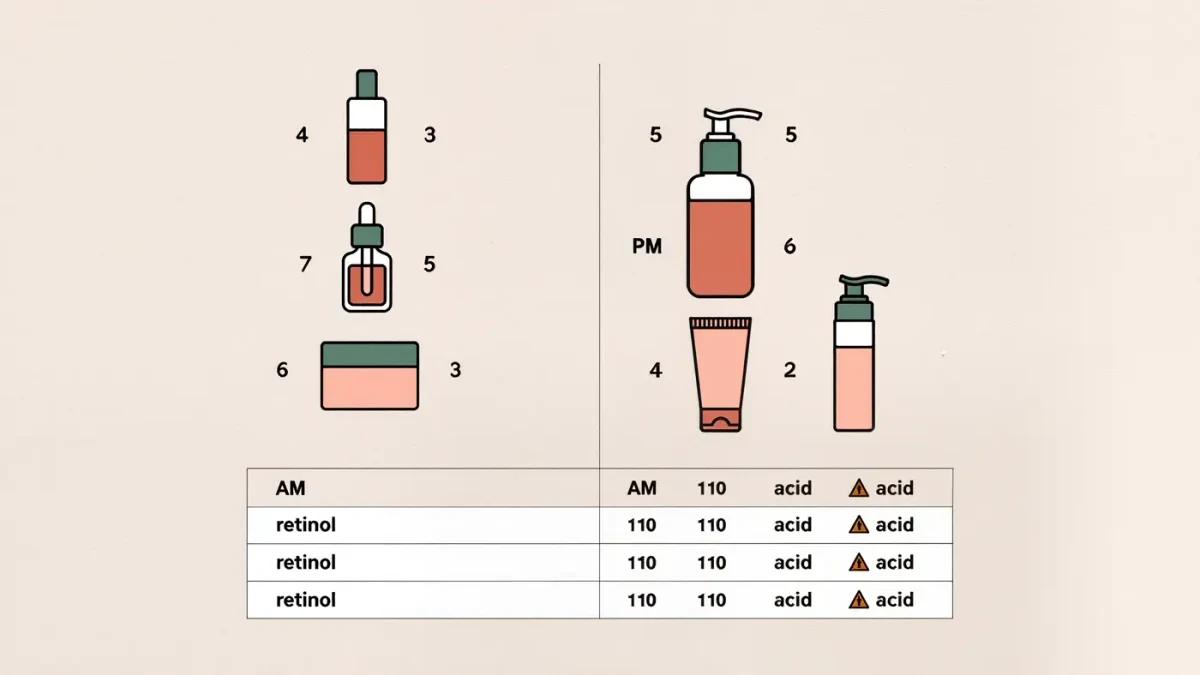 AM and PM skincare layering order infographic with numbered product icons
