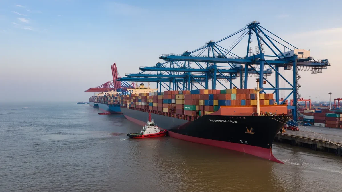 Container ship loaded with containers arriving at a port terminal