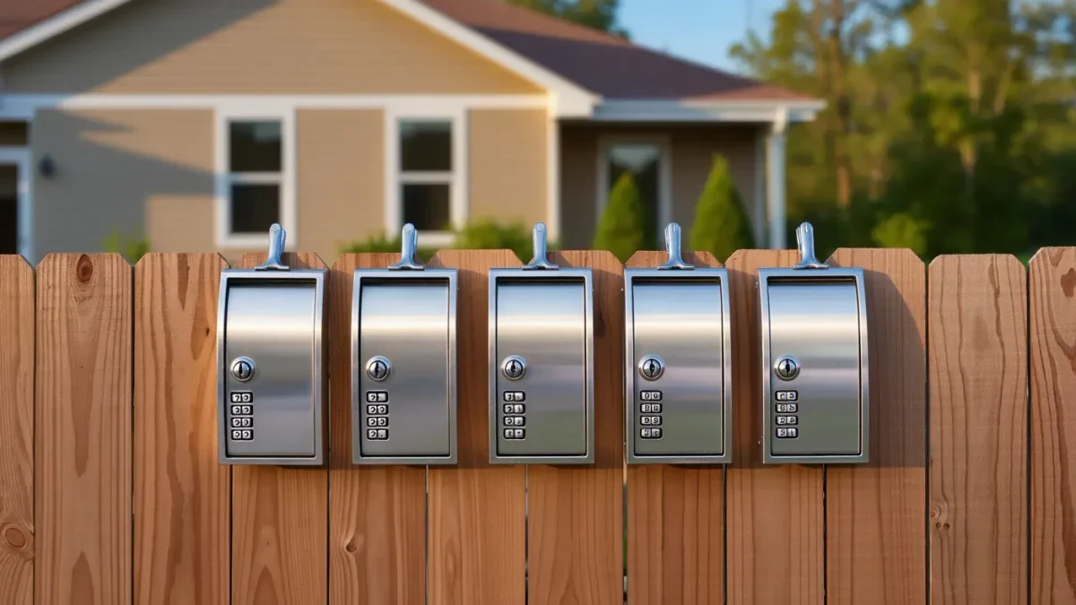 Close-up of a row of numbered lockboxes on a rental fence