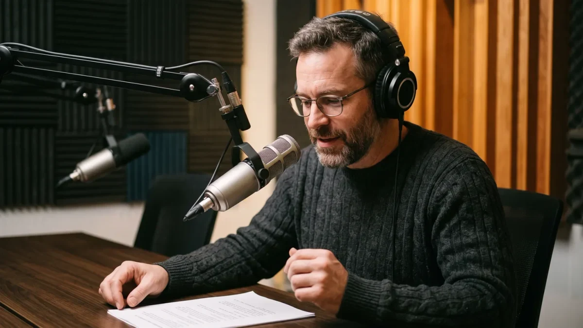 Podcast host recording a sponsored segment in a studio