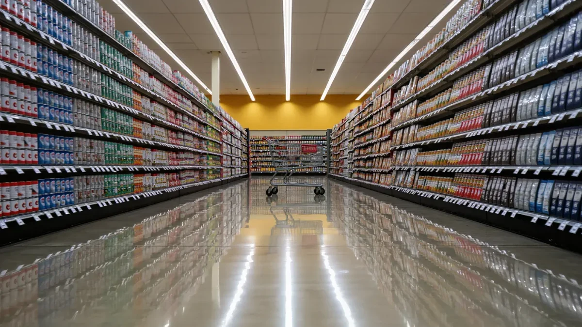 Long grocery aisle of a big-box store with fully stocked shelves and no people