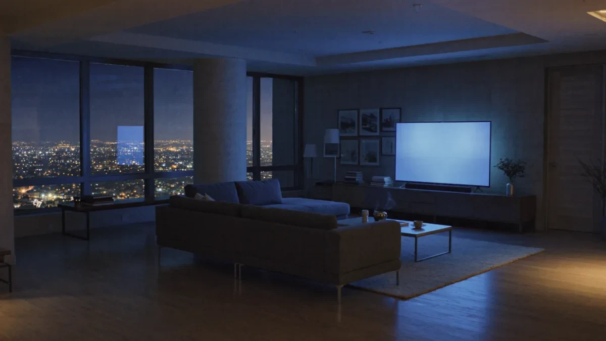 Empty apartment at night with television glowing in background