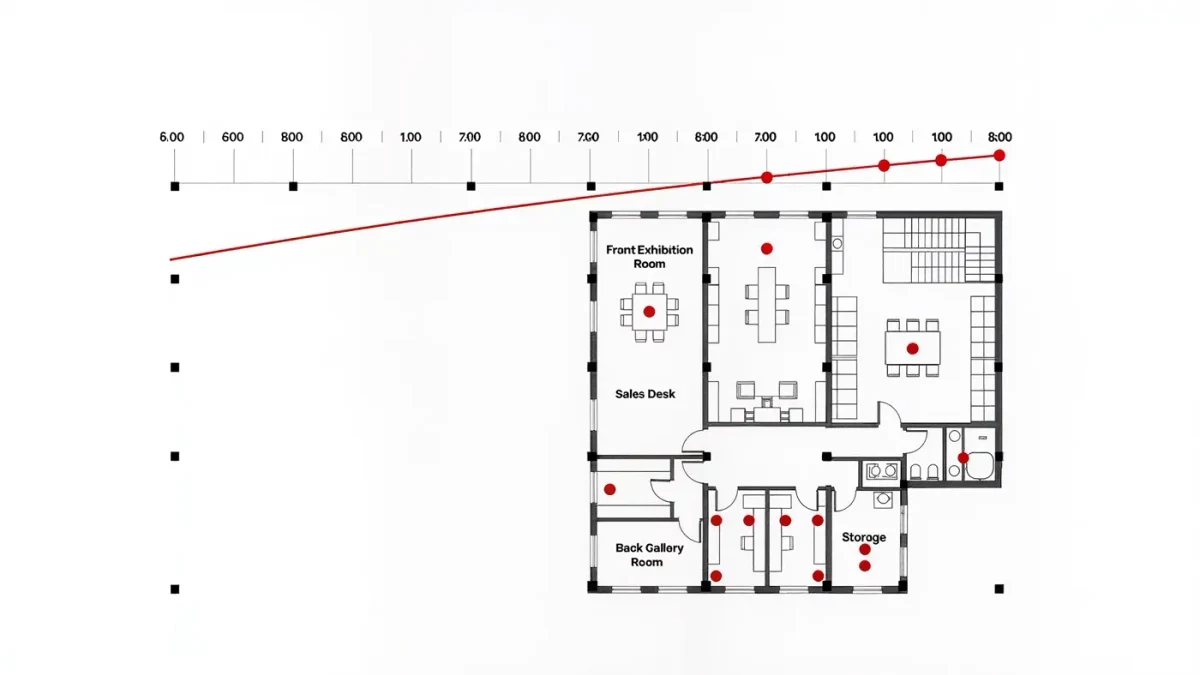 Diagram of a Chelsea opening timeline and gallery rooms