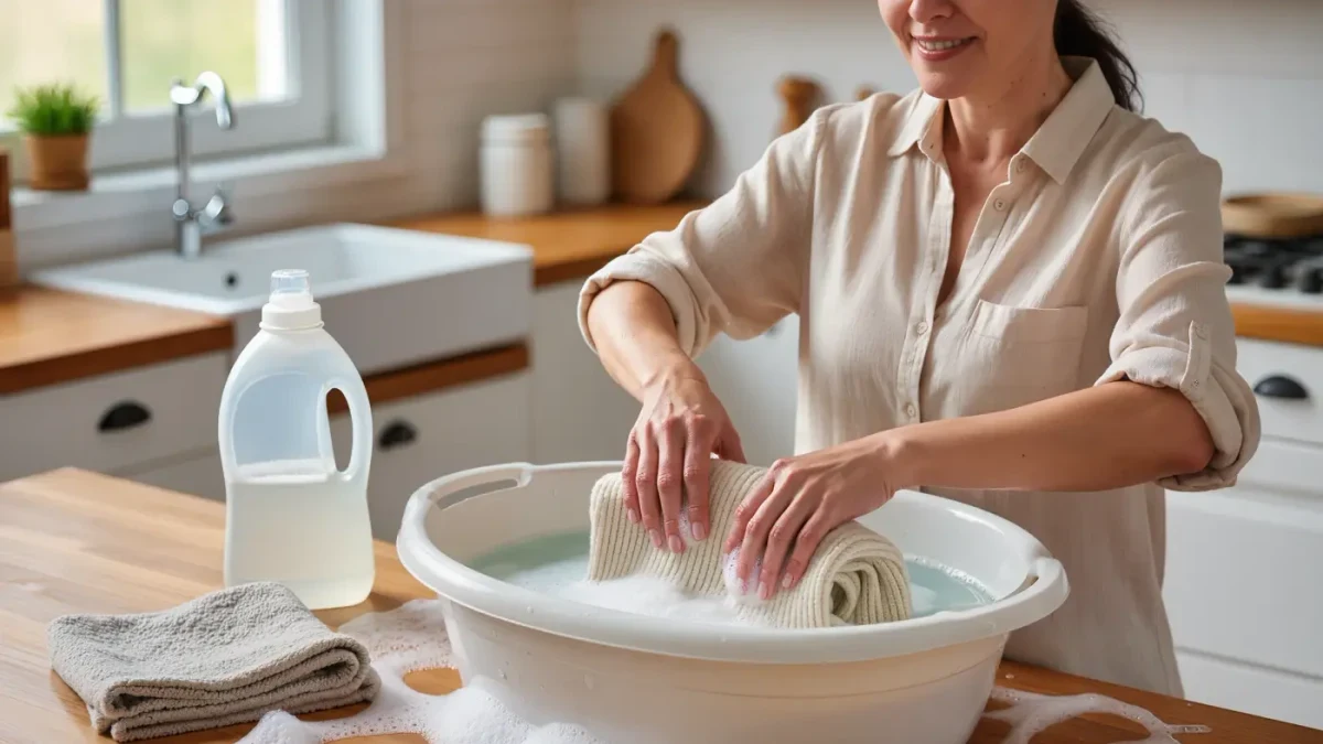 Woman pressing a wet cream sweater flat in a white basin of cool water