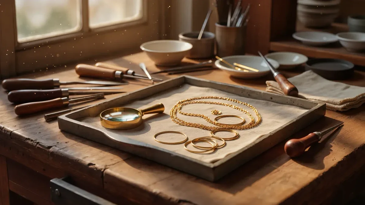 A few minimal gold jewelry pieces on a linen tray at a jeweler's workbench in warm afternoon light