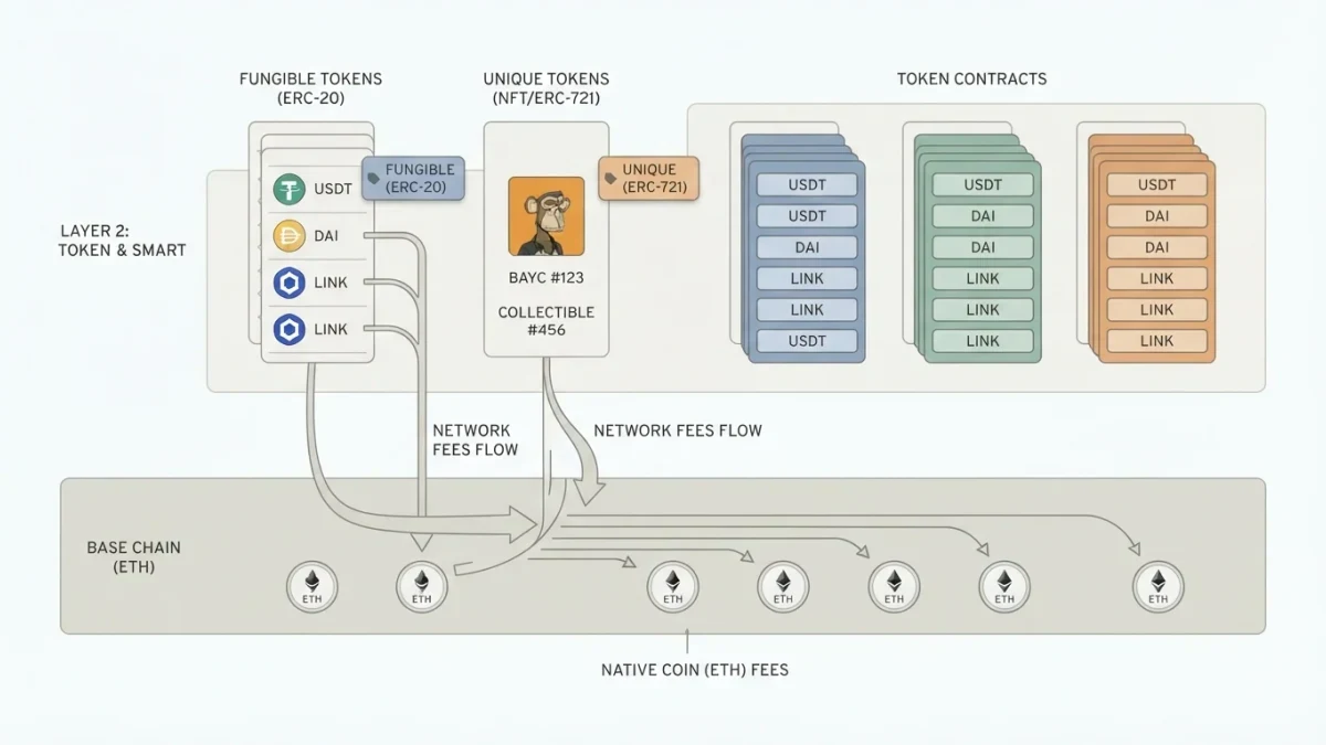 Layered infographic of a native base-chain coin beneath token contracts above