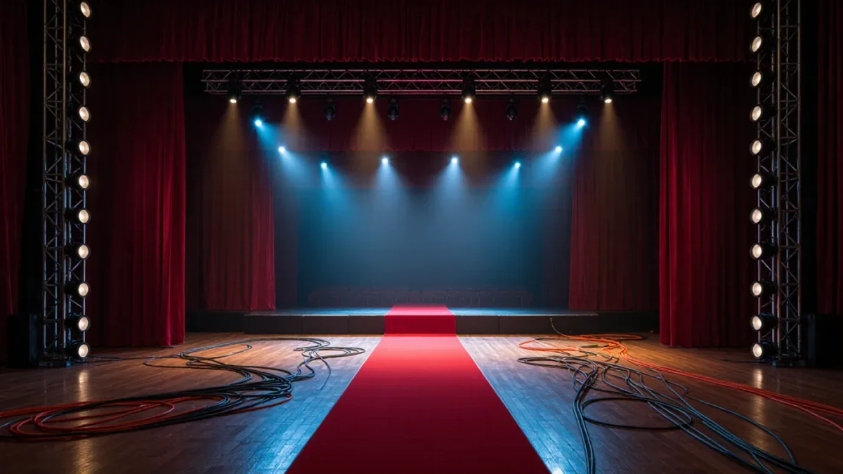 Empty theater stage with camera rigs before a premiere