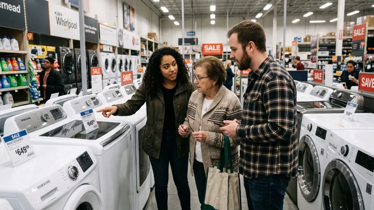 Shoppers comparing appliance price tags in a store aisle