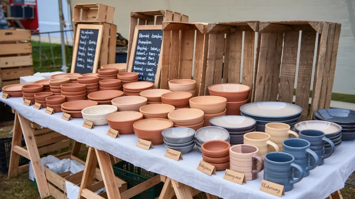 Craft market stall of handmade ceramics with handwritten price tags