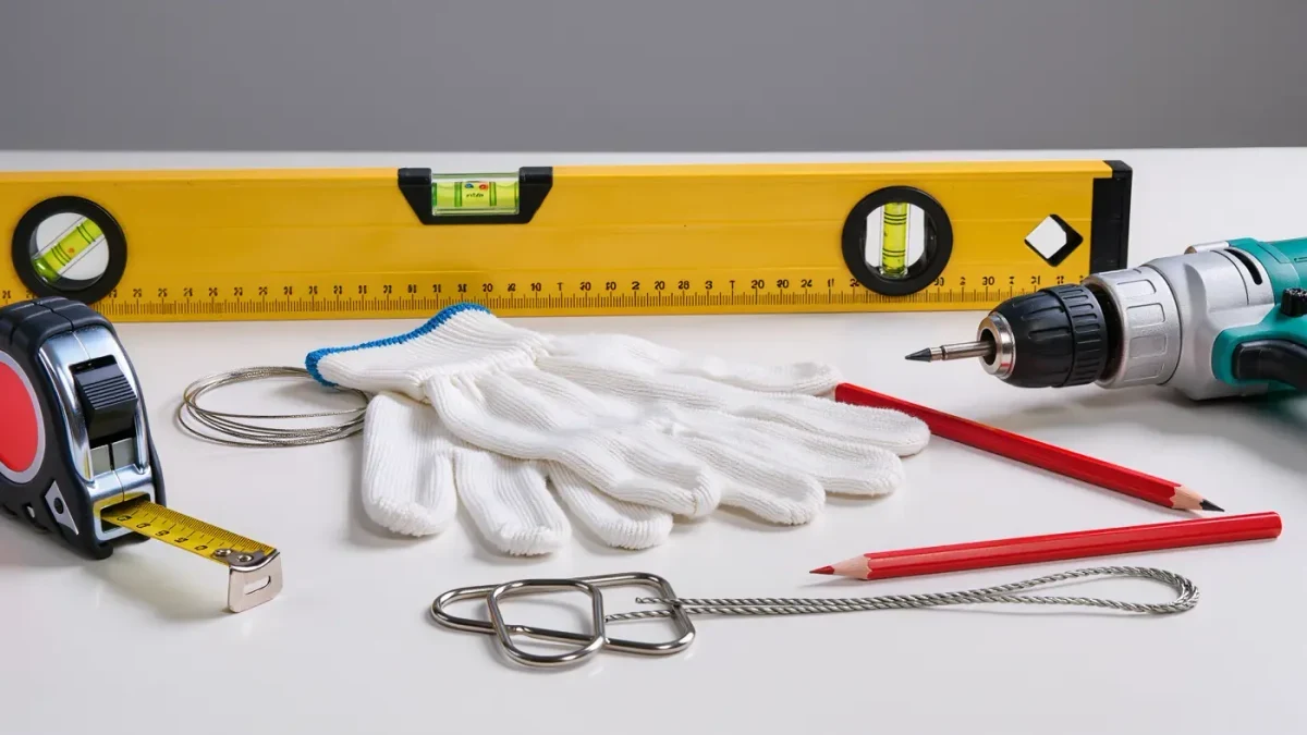 Gloves, level, drill, and hanging hardware on a worktable