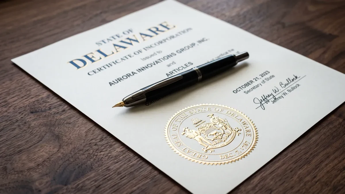 Close-up of a corporate filing receipt beside an entity-formation seal