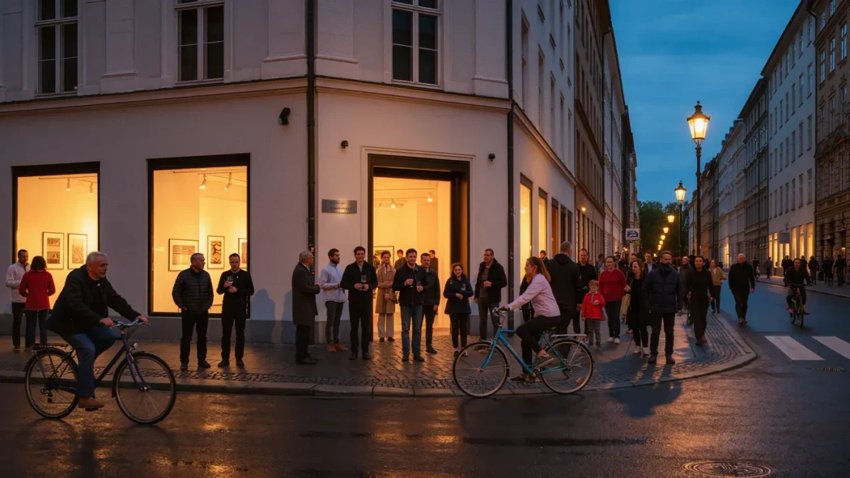 Crowd spilling from a lit gallery doorway onto an evening street
