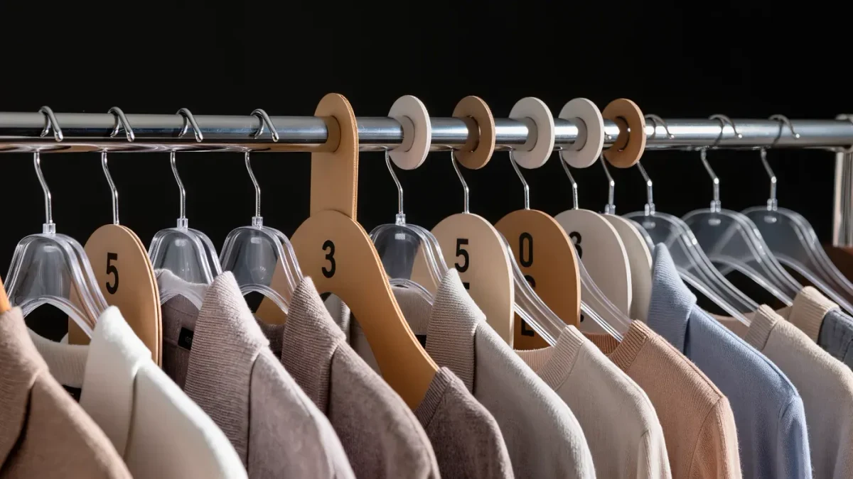 Close view of garment size-divider discs on a metal rail in studio light