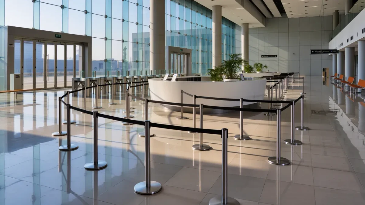 Empty museum lobby entrance hall with ticket counters