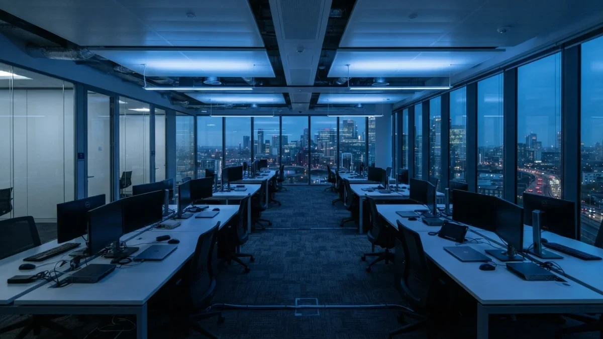 Modern glass-walled online bank office glowing at dusk, empty