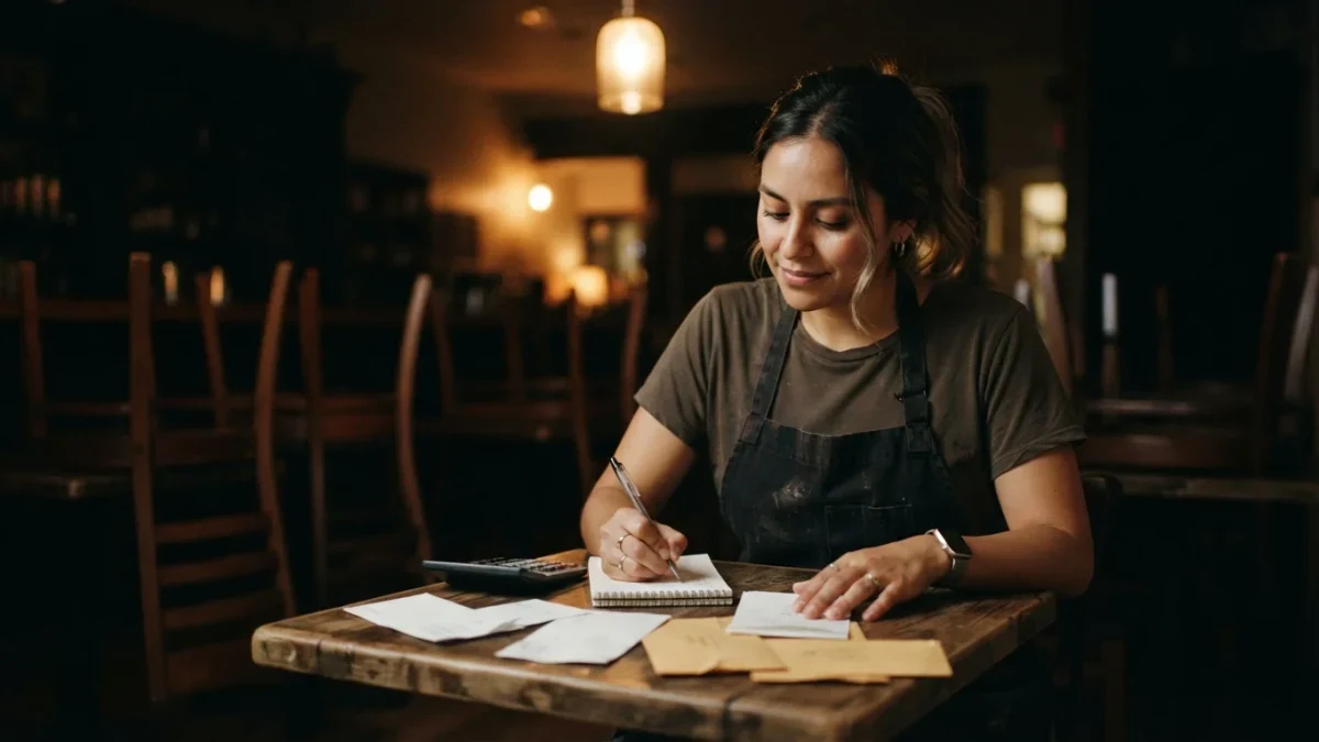 Restaurant server tallying tips in a notebook after closing shift