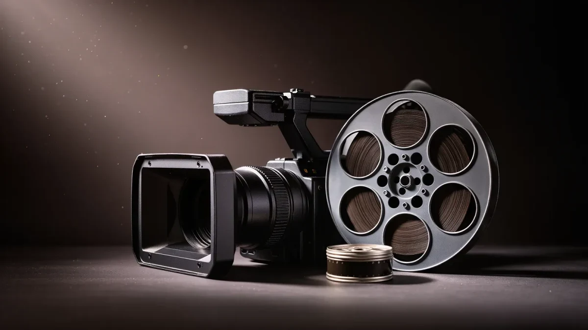 Close-up of a television camera body beside a film reel canister