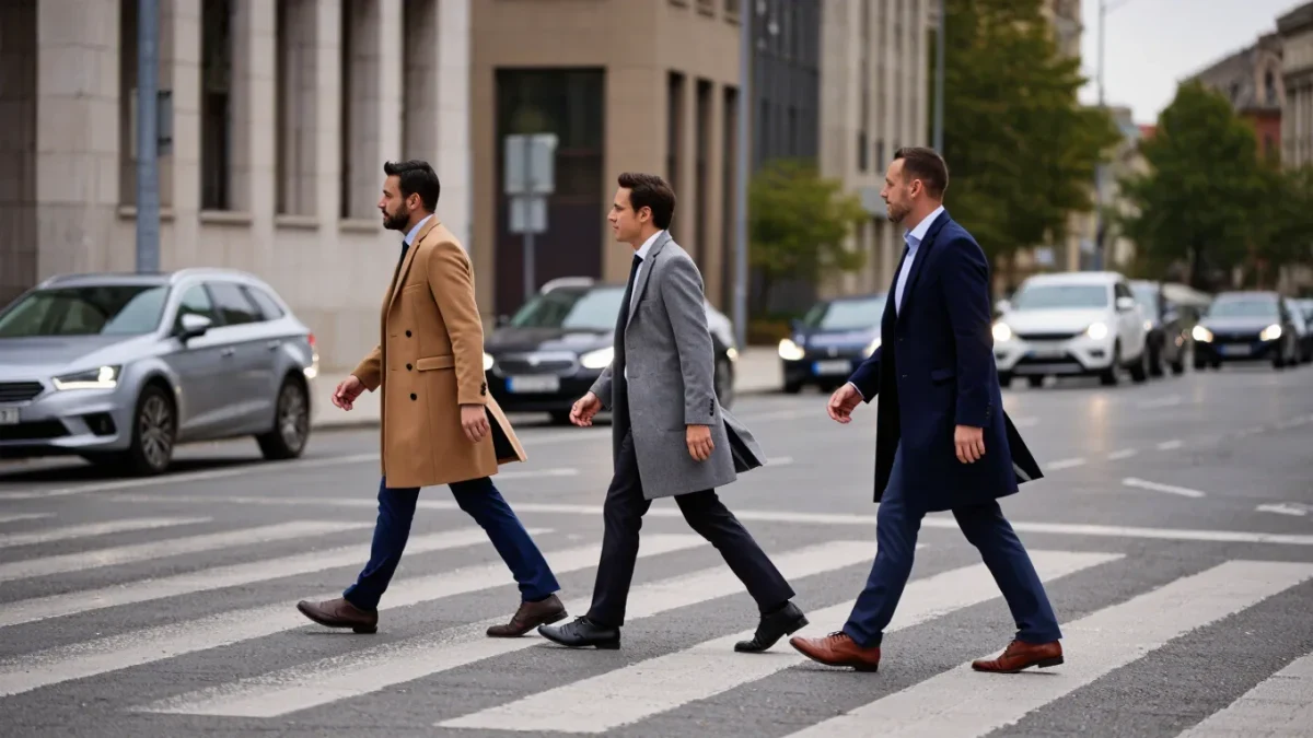 Pedestrians in tailored neutral coats crossing a city street