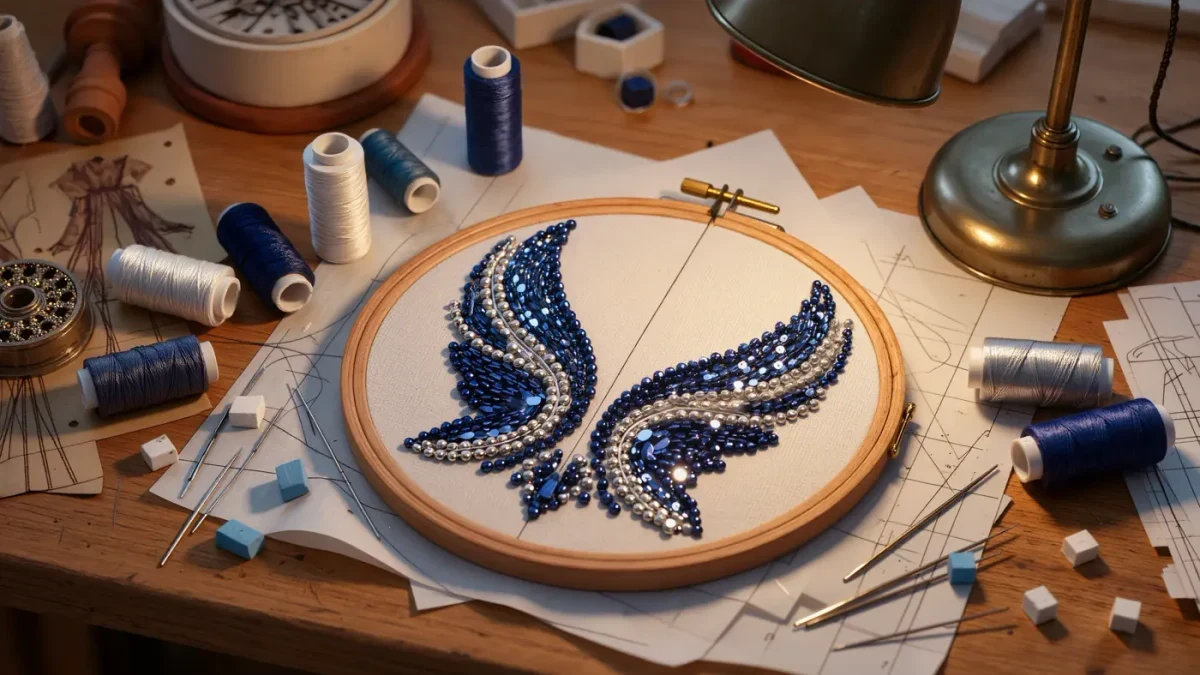 Couture atelier worktable with embroidery in progress, sequins and fine needles