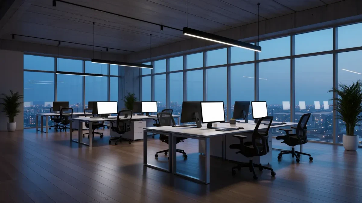 Empty office at dawn, screens glowing, before the posting rush