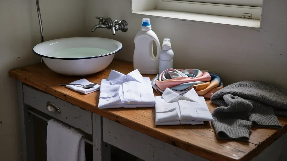 Laundry room scene with folded fabrics, basin, towels and detergent on wooden counter