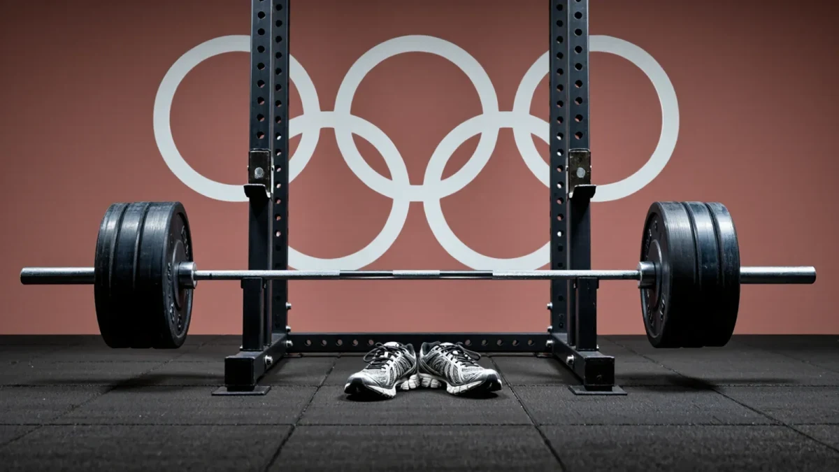 Barbell set at squat height beside worn running shoes