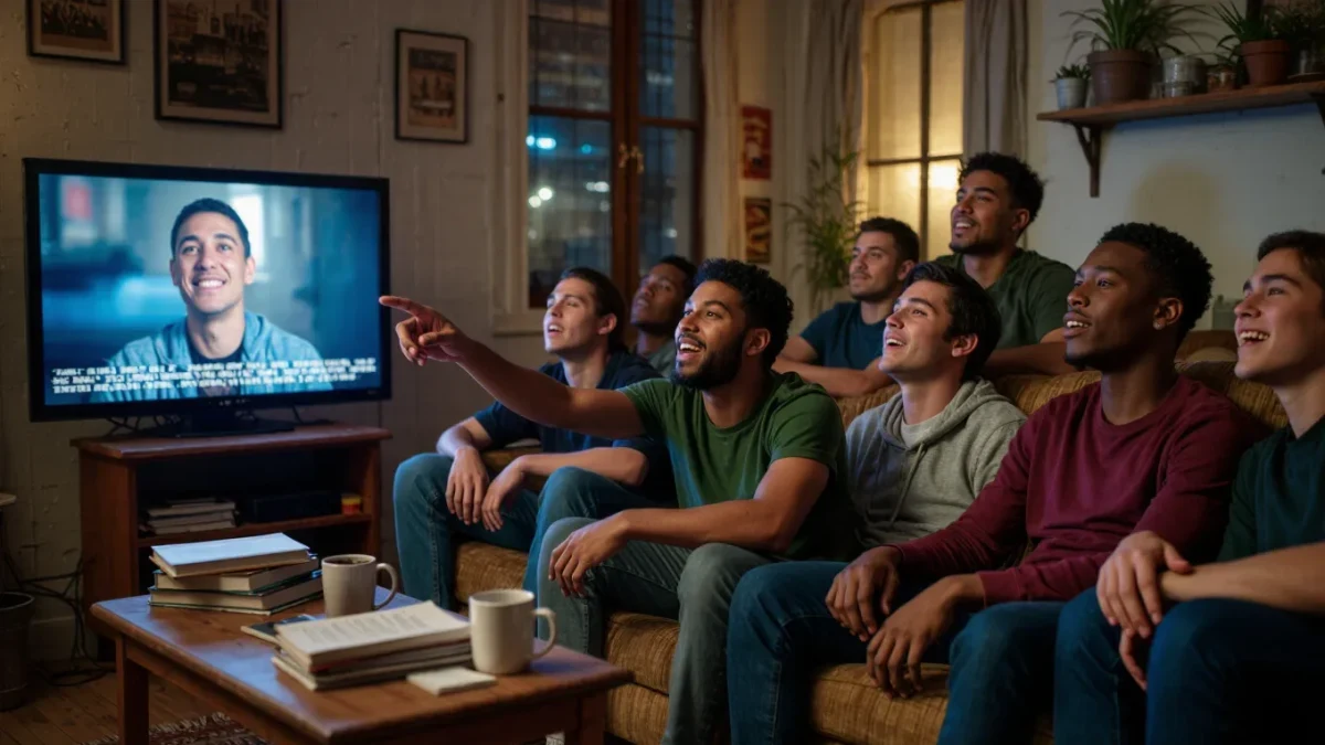 Diverse group of friends watching subtitled drama together on couch
