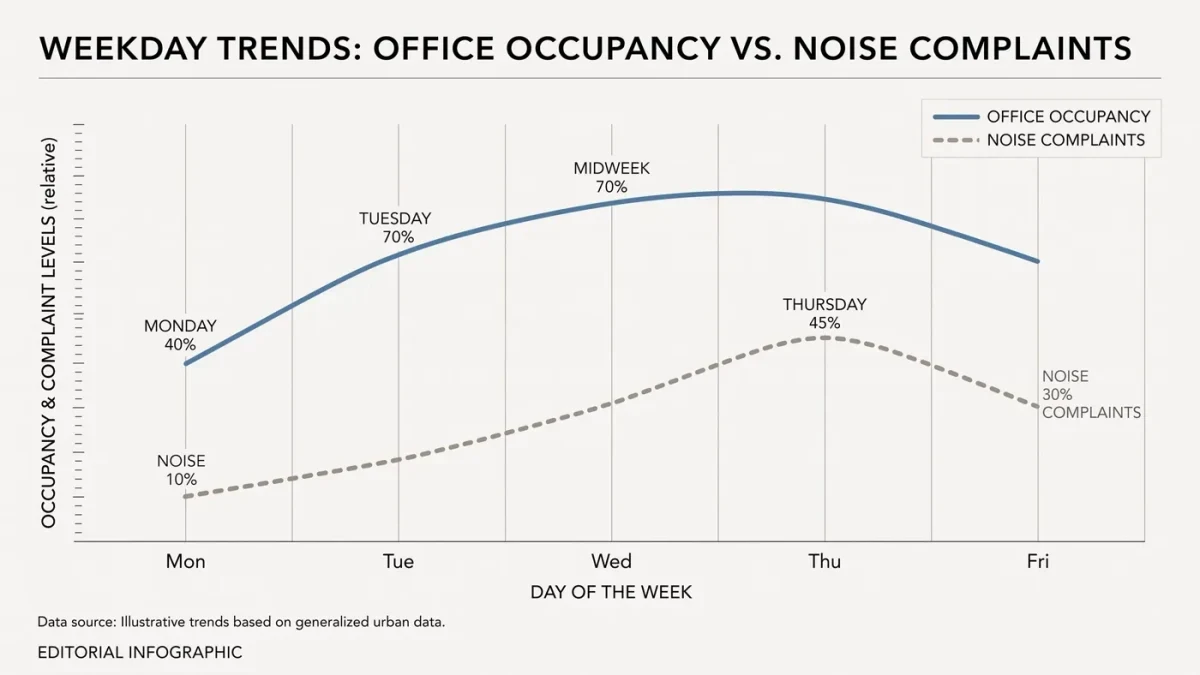 Chart showing office noise complaints rising with hybrid attendance peaks