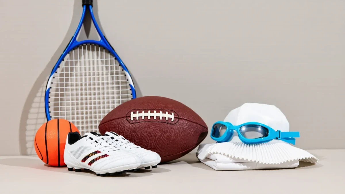 Studio shot of different sports balls and kit together