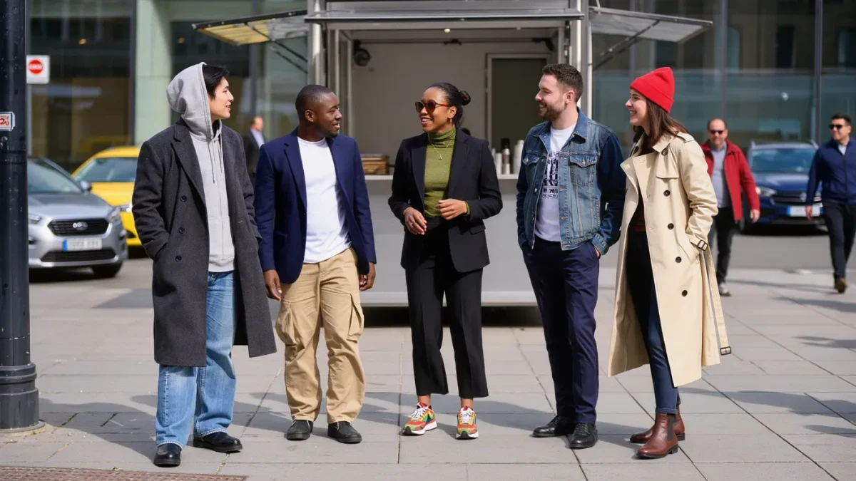 Diverse group of young people in mixed streetwear and tailoring on a city street in natural daylight