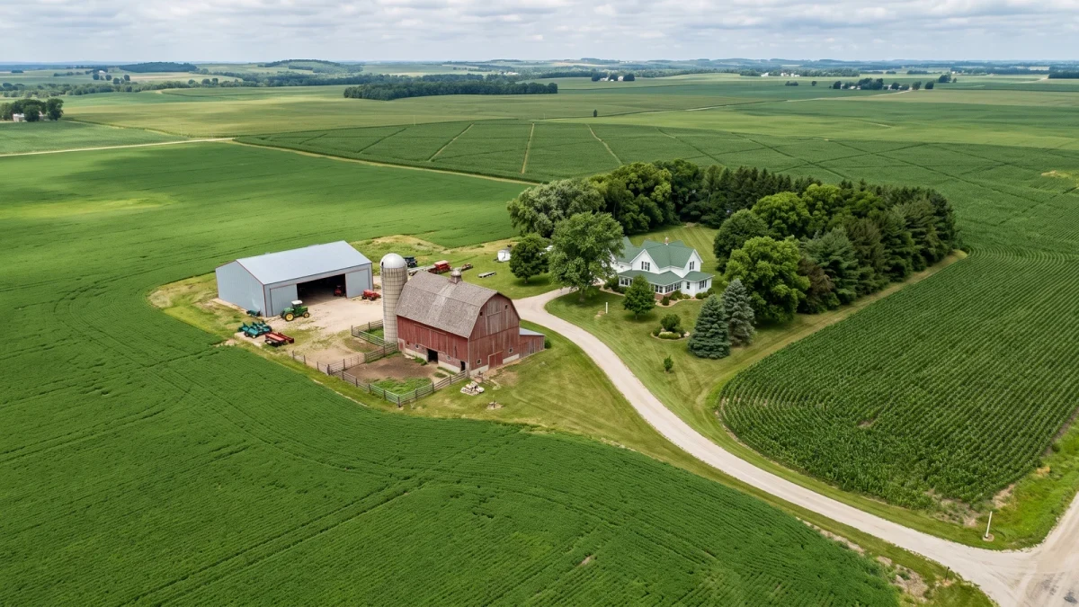 Aerial view of a mixed crop and livestock family farmstead