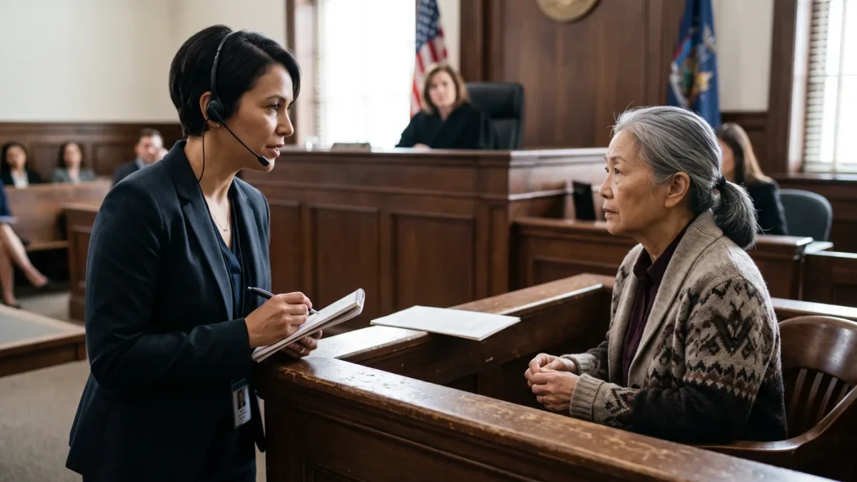 Court interpreter speaking alongside a witness at the stand