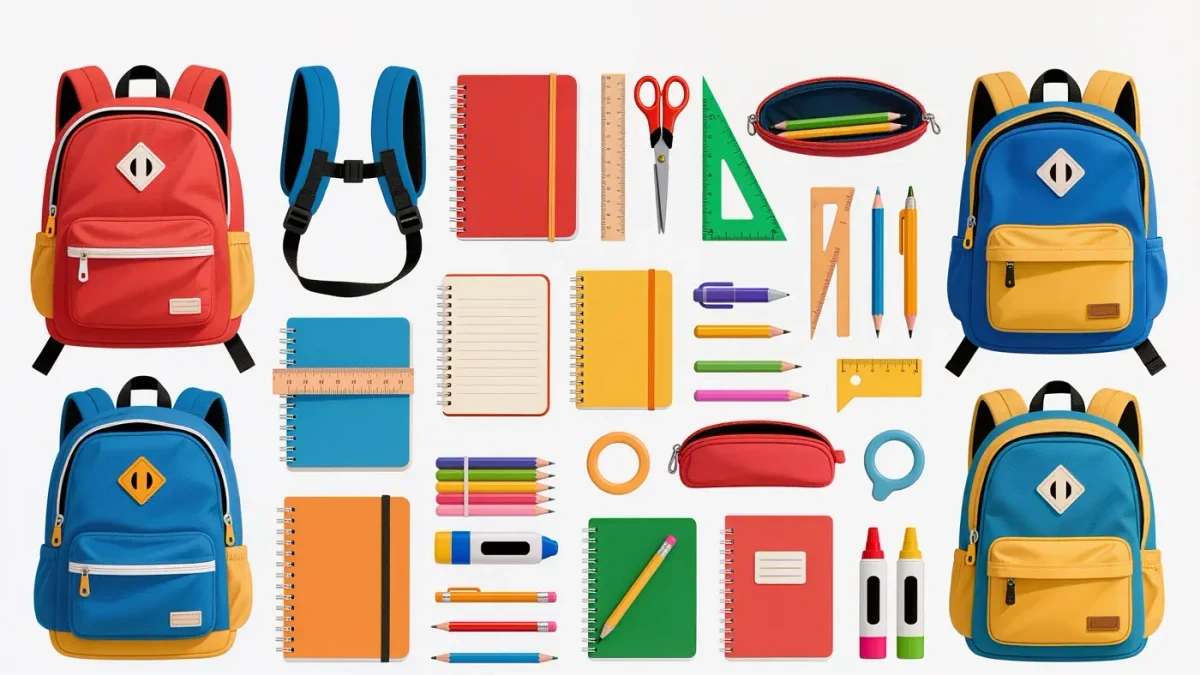 Donated backpacks and school supplies arranged for packing