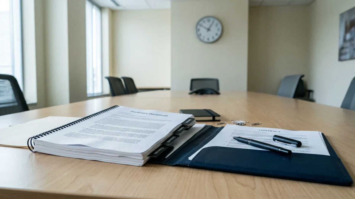 Unsigned franchise documents and pen on table