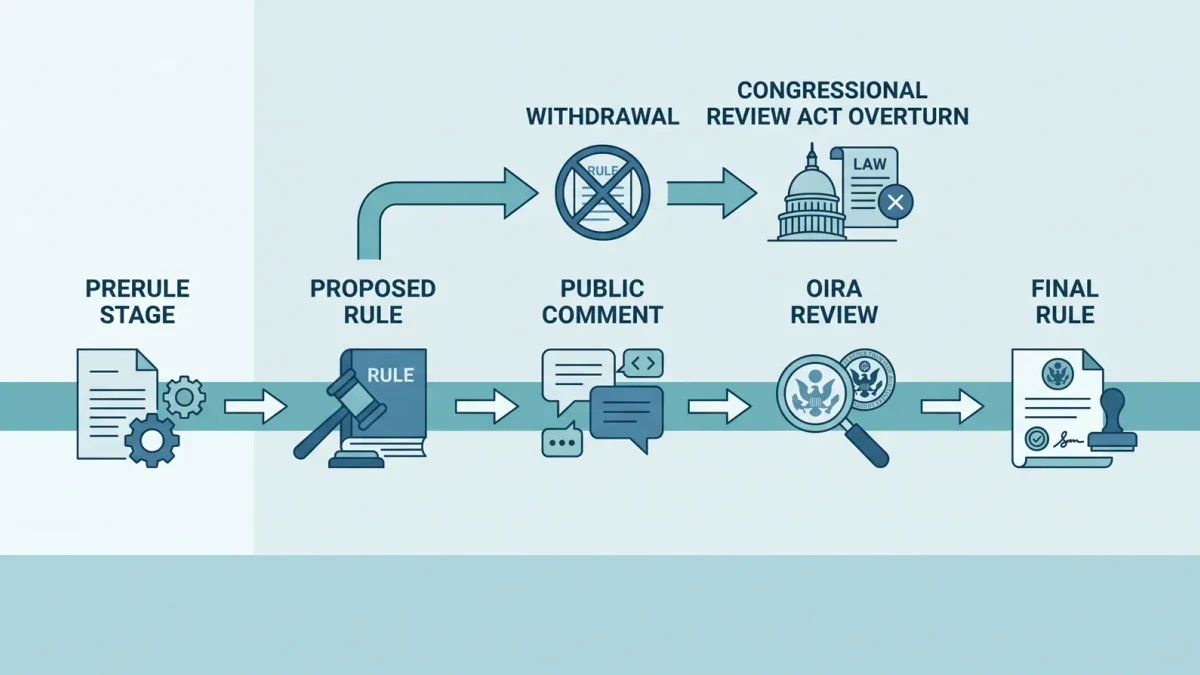 Infographic of the rulemaking pipeline stages and where rules stall