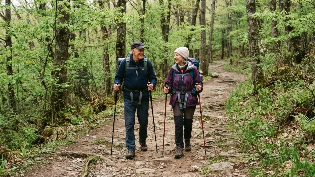 Older couple walking a wide well-marked forest trail together