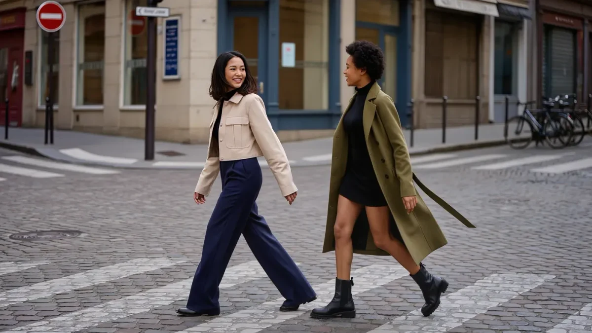 Two women crossing a city street wearing outfits with clearly different proportions
