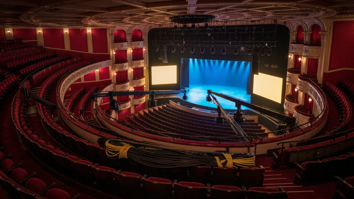 An empty theater auditorium with broadcast cameras and rigging lights