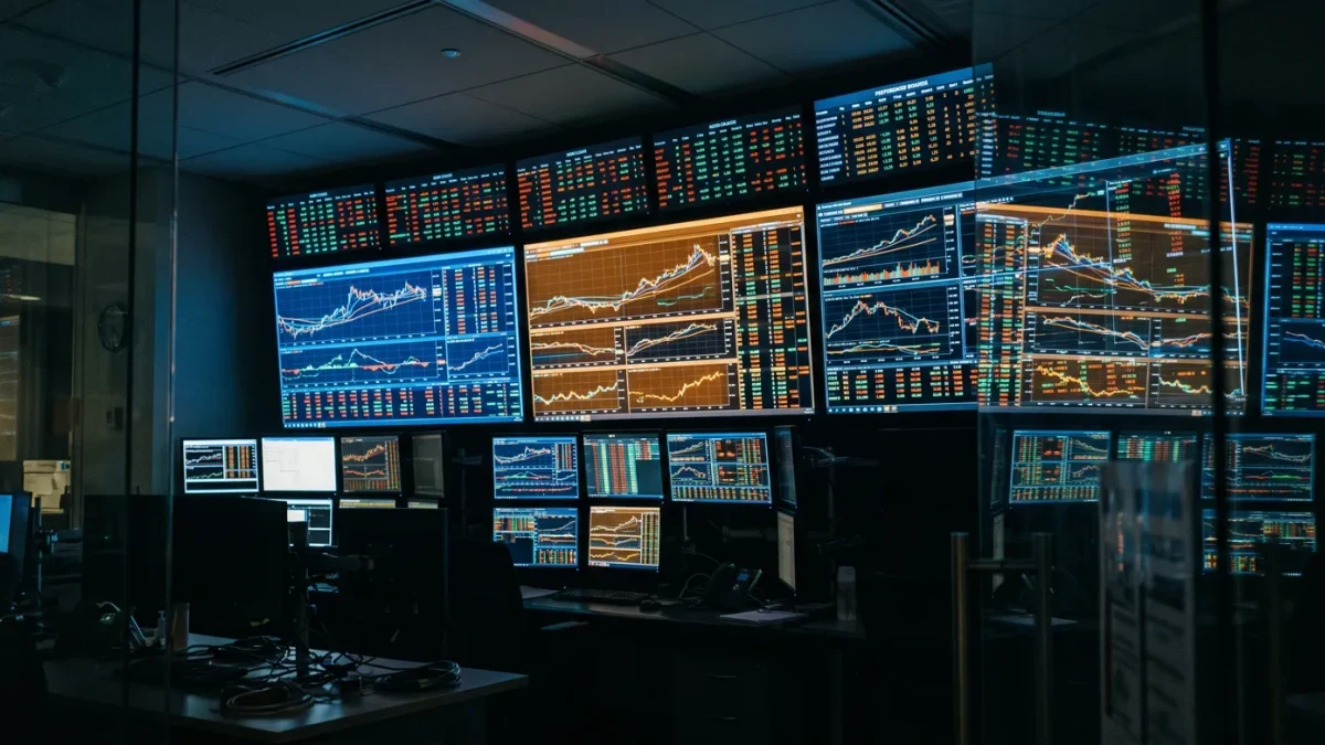 Trading floor screens showing three index boards