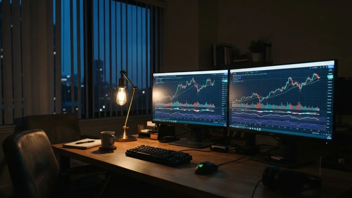 Dual monitors glowing with market charts in a dim home office at dusk