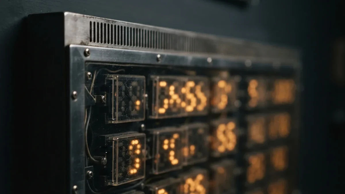 Macro close-up of an exchange-rate board with glowing digit modules