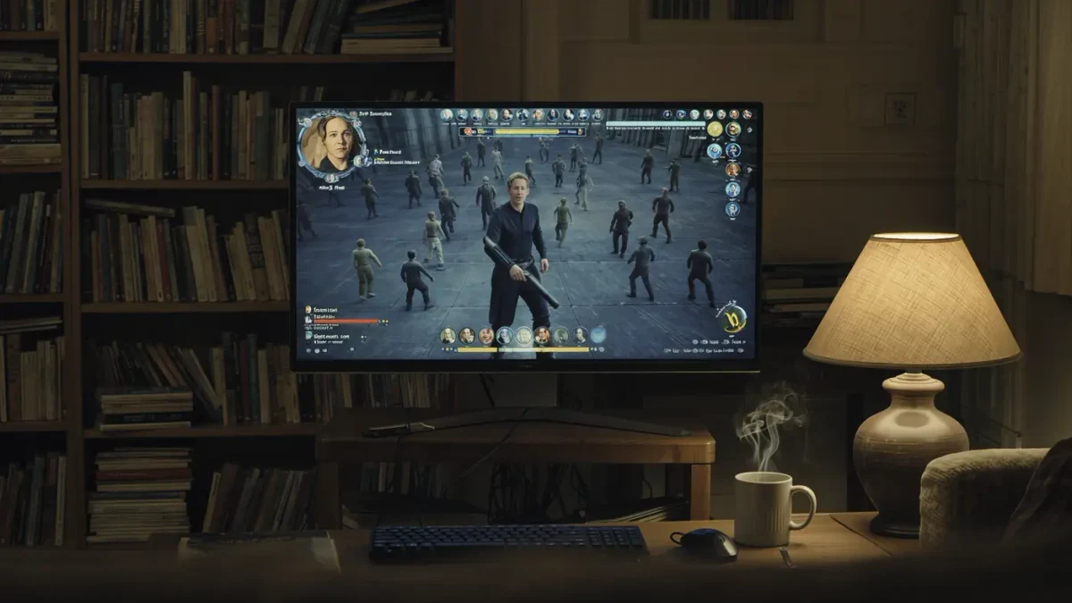 Living room at night with a cinematic game paused on screen