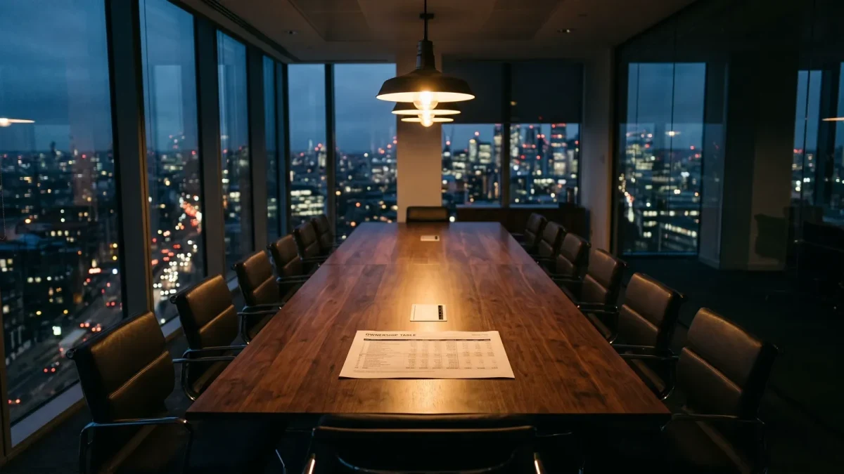 Empty boardroom with an ownership table sheet under pendant light