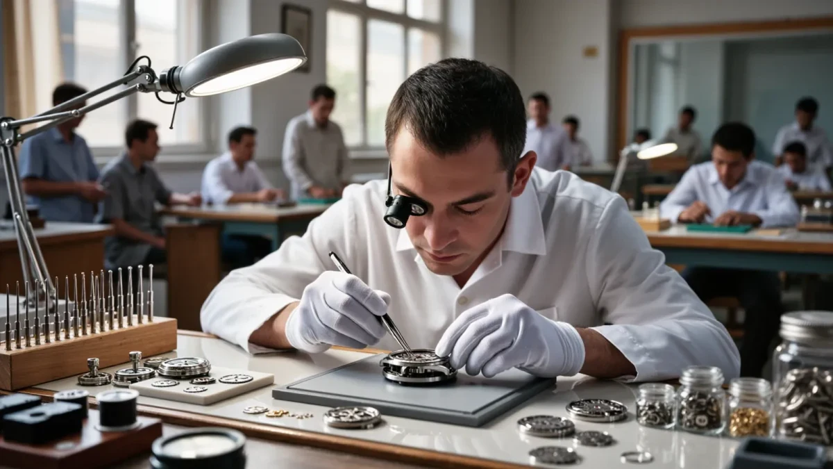 Watchmaker in white gloves assembling a mechanical movement