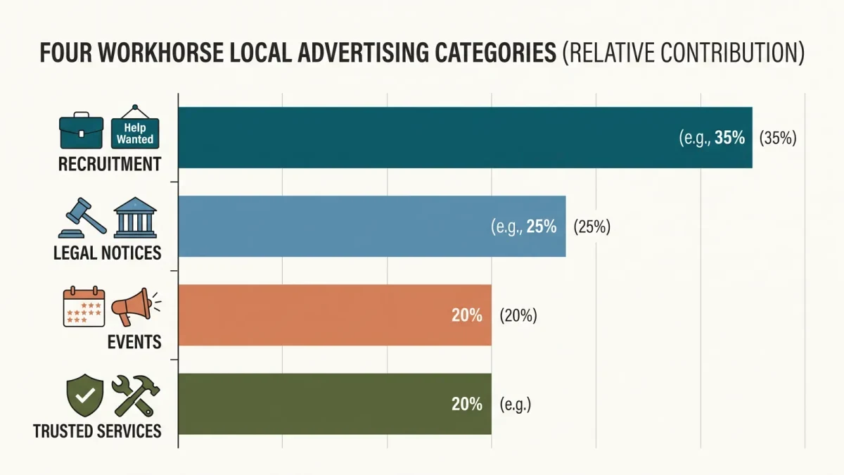 Infographic of four local ad revenue categories by share of direct spend
