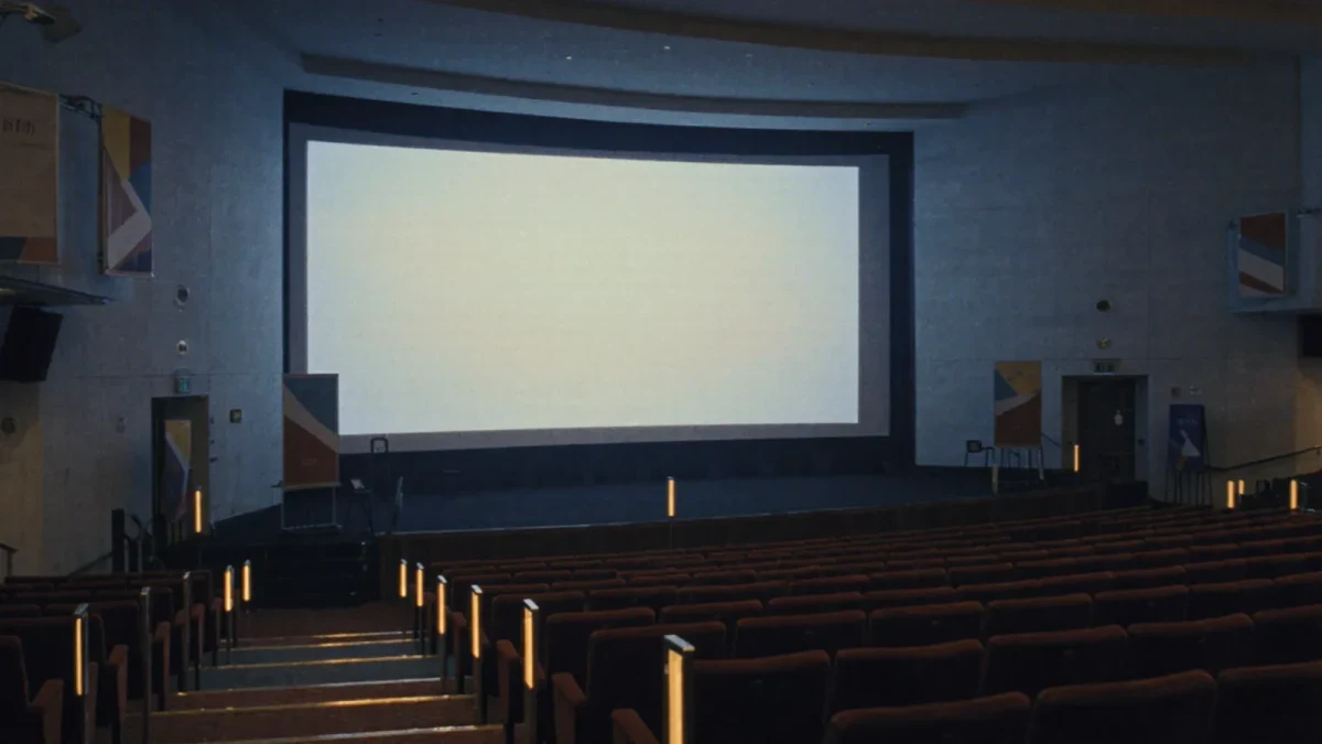 Photojournalistic view of an empty festival screening venue