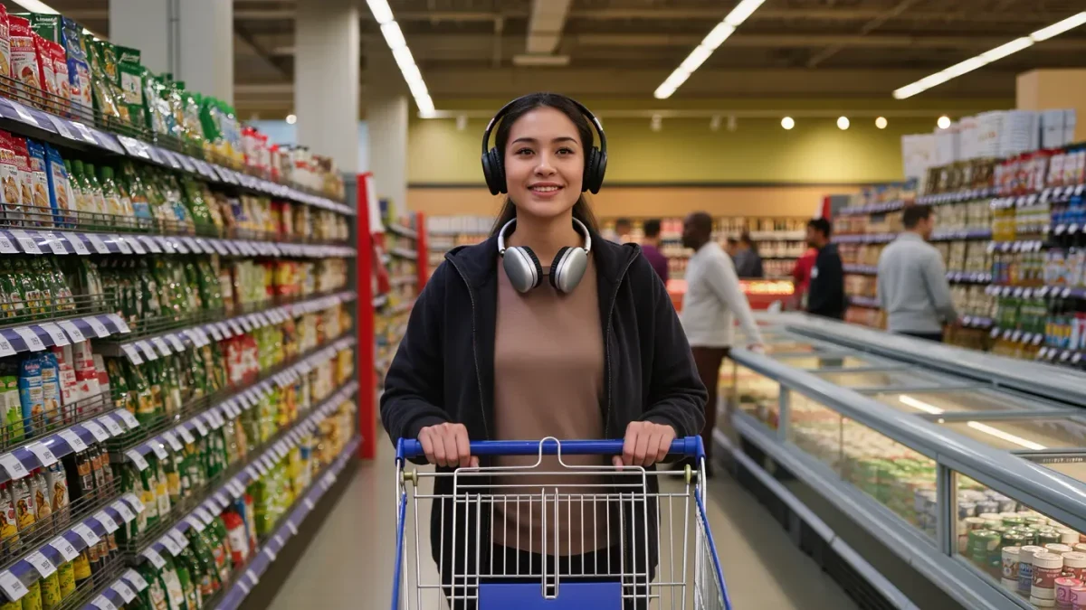 A shopper with headphones browsing a dimly lit quiet supermarket aisle