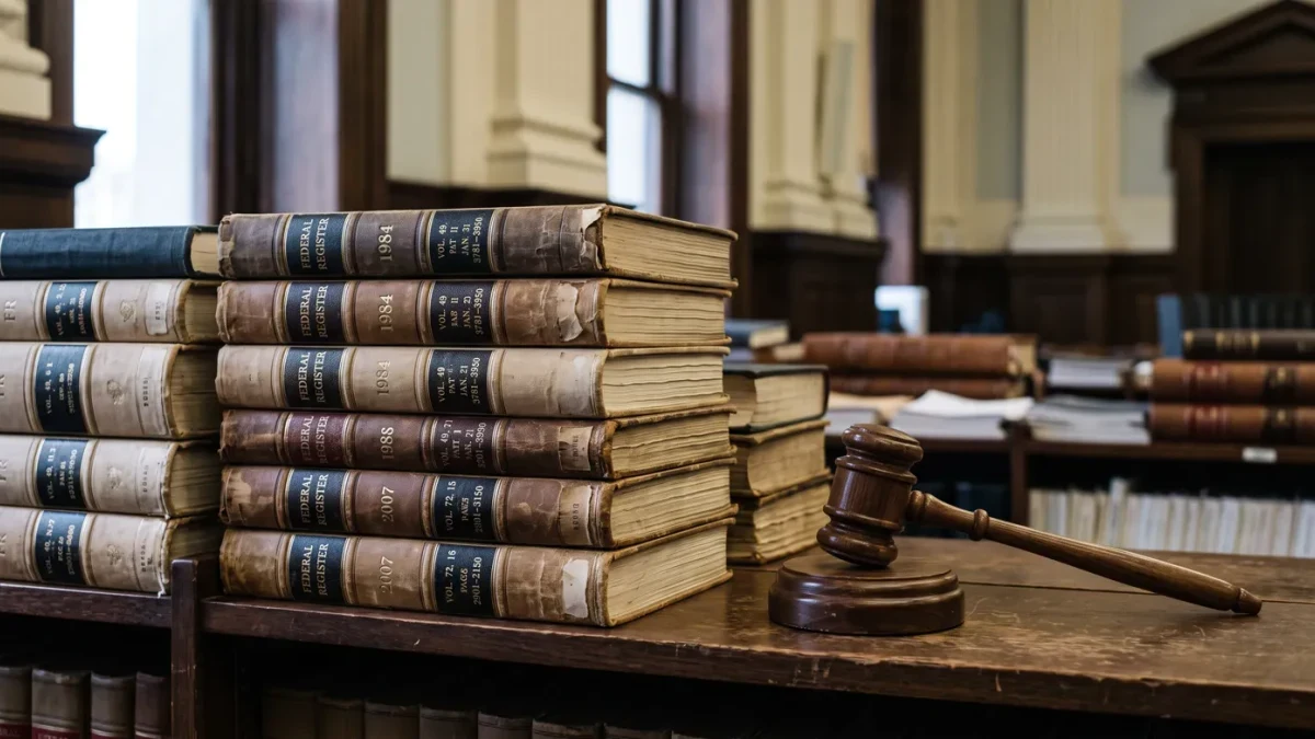 Stacked Federal Register volumes beside a gavel