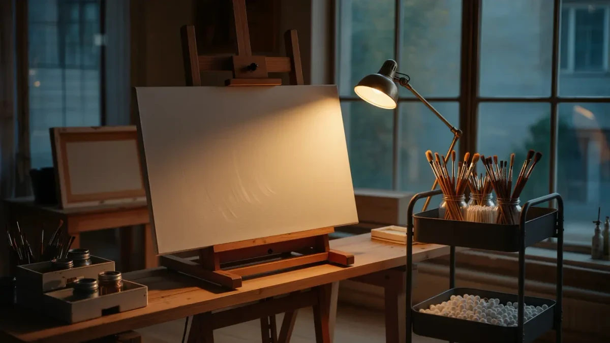 Canvas under raking light in a conservation studio
